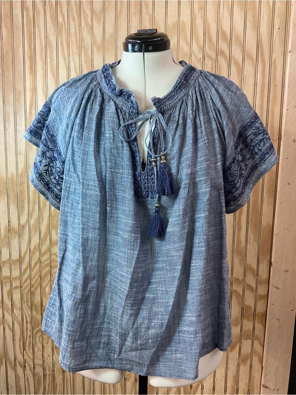 Blue Tassel Peasant Top
